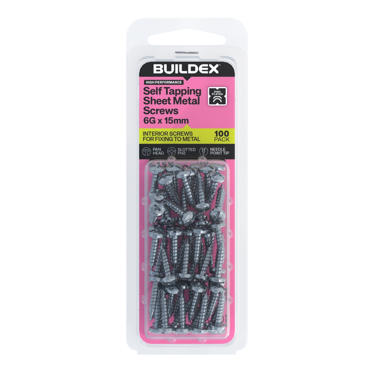 Buildex® 6G x 15mm Zinc Plated Self Tapping Sheet Metal Screws – 100 Pack