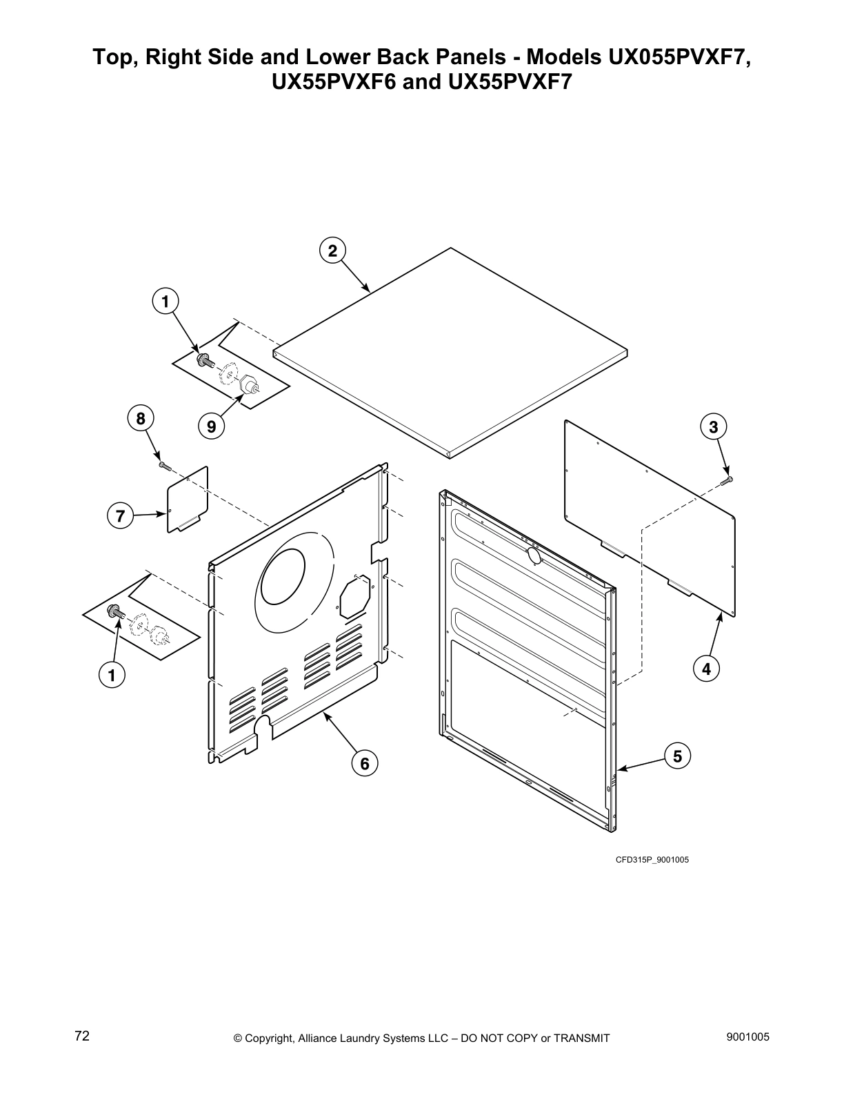 Top, Right Side and Lower Back Panels - Models UX055PVXF7,
UX55PVXF6 and UX55PVXF7