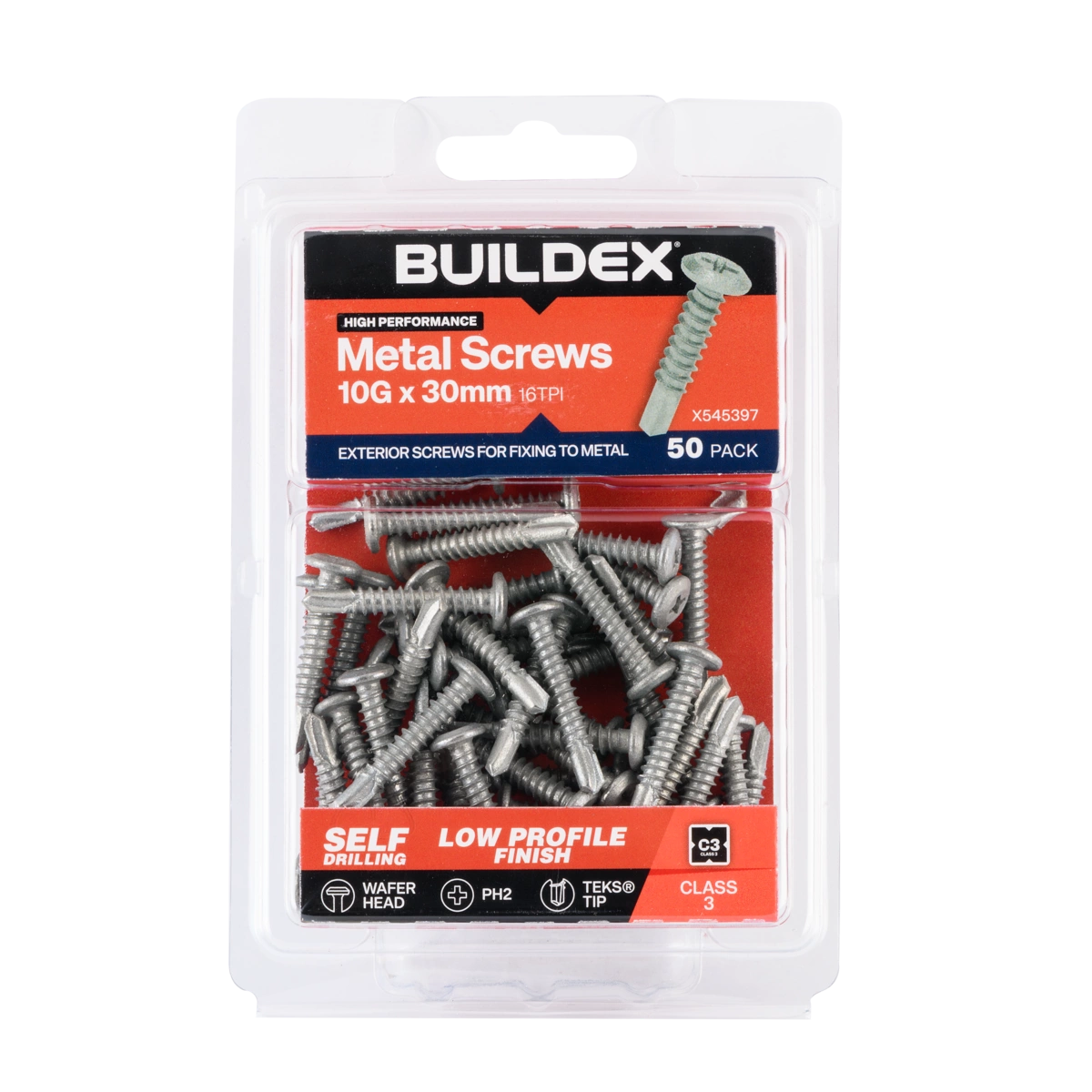 Buildex® 10G x 30mm Class 3 Sheet Metal Screws (Wafer Head) – 50 Pack