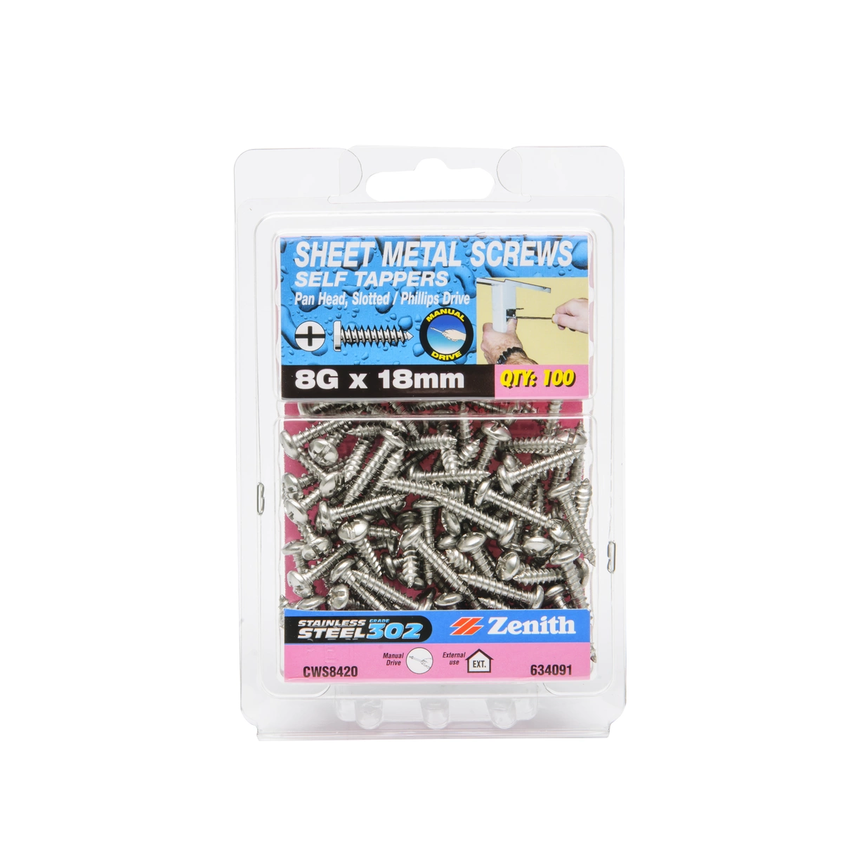 ZENITH® 8G x 18mm 304 Stainless Steel Sheet Metal Screws – 100 Pack