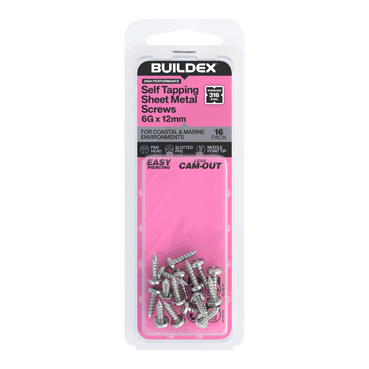 Buildex® 6G x 12mm SS316 Self Tapping Sheet Metal Screws – 16 Pack