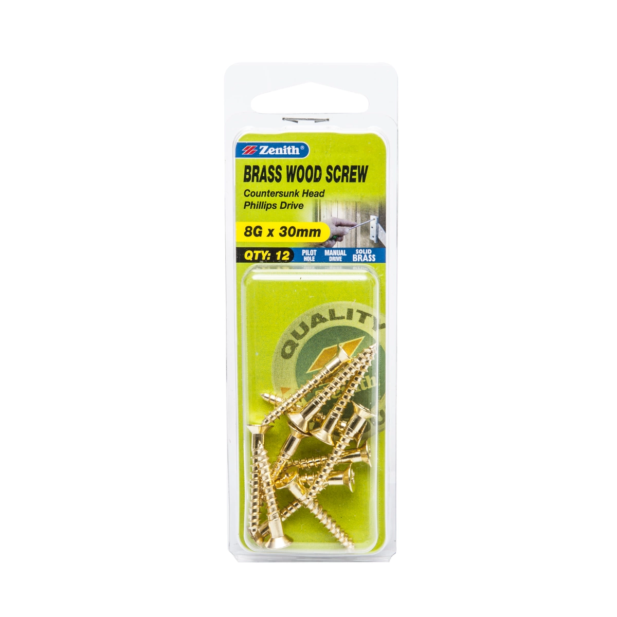 ZENITH® 8G x 30mm Solid Brass Wood Screws – 12 Pack