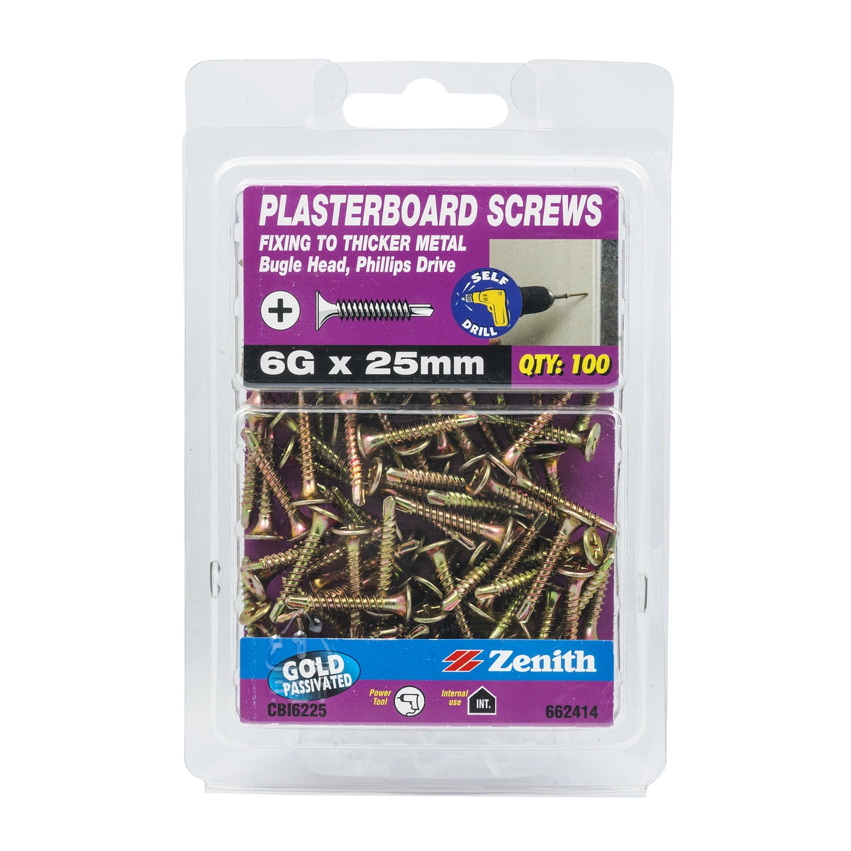 ZENITH® 6G x 25mm Gold Passivated Plasterboard Screws (Self Drilling) – 100 Pack