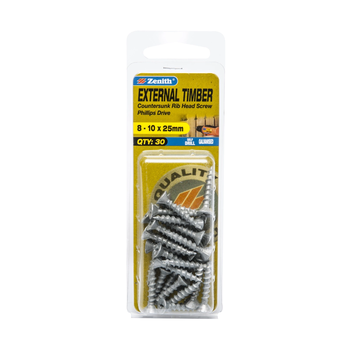 ZENITH® 8G x 25mm Galvanised Timber Screws – 30 Pack