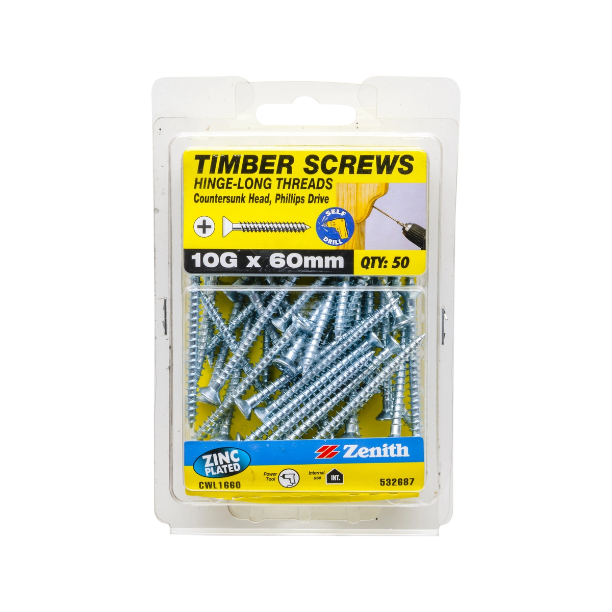 ZENITH® 10G x 60mm Zinc Plated Timber Screws – 50 Pack