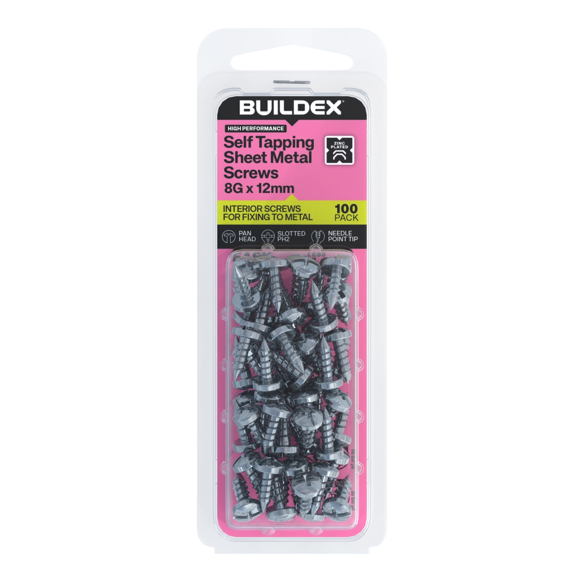 Buildex® 8G x 12mm Zinc Plated Self Tapping Sheet Metal Screws – 100 Pack