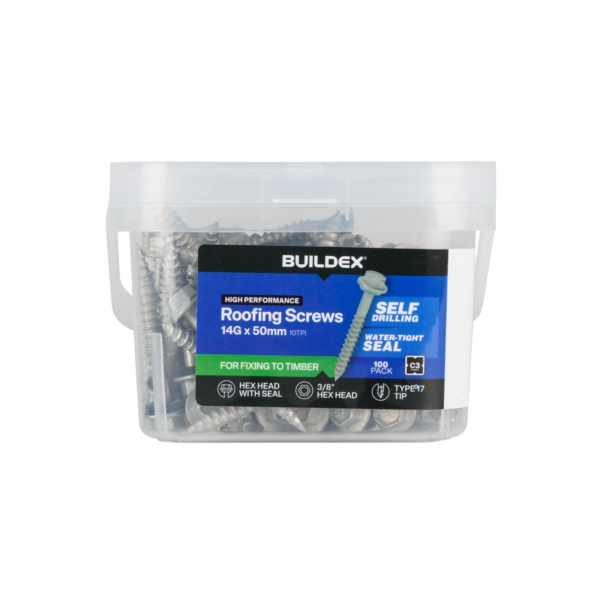 Buildex® 14G x 50mm Class 3 Roofing Screws with Seal – 100 Pack