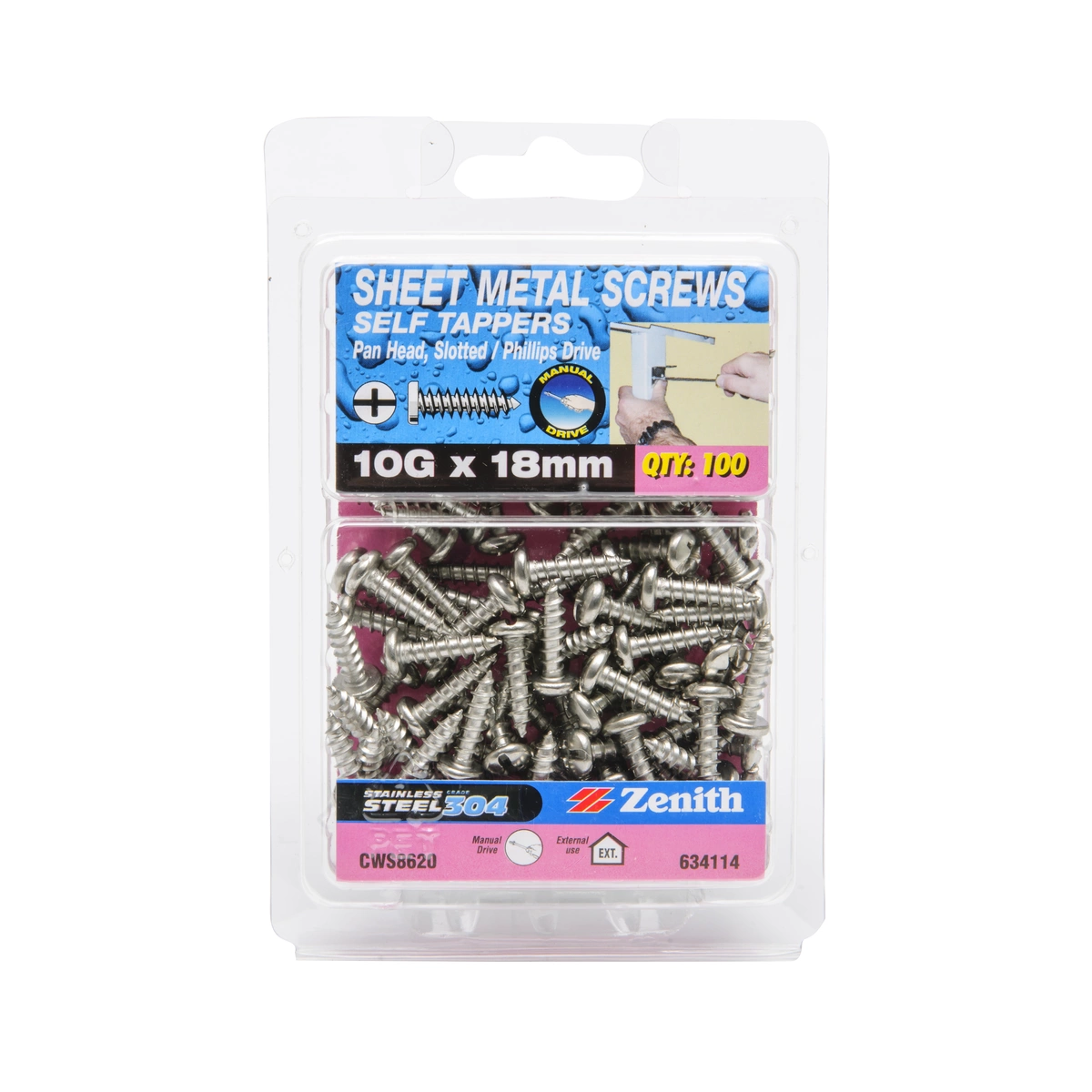 ZENITH® 10G x 20mm 304 Stainless Steel Sheet Metal Screws – 100 Pack
