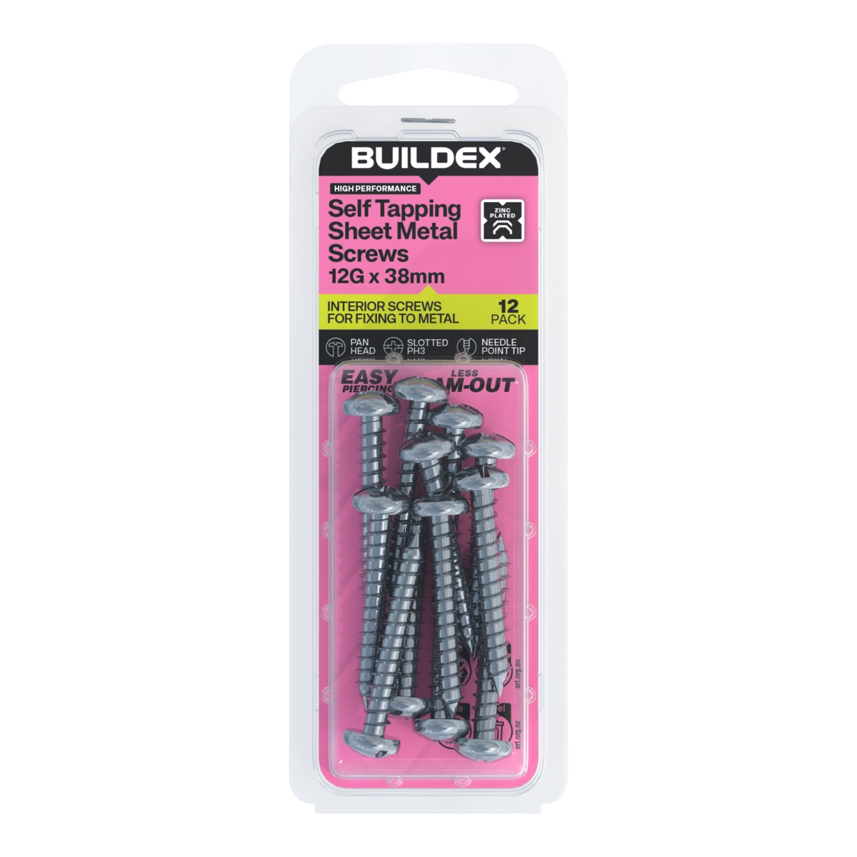 Buildex® 12G x 38mm Zinc Plated Self Tapping Sheet Metal Screws – 12 Pack