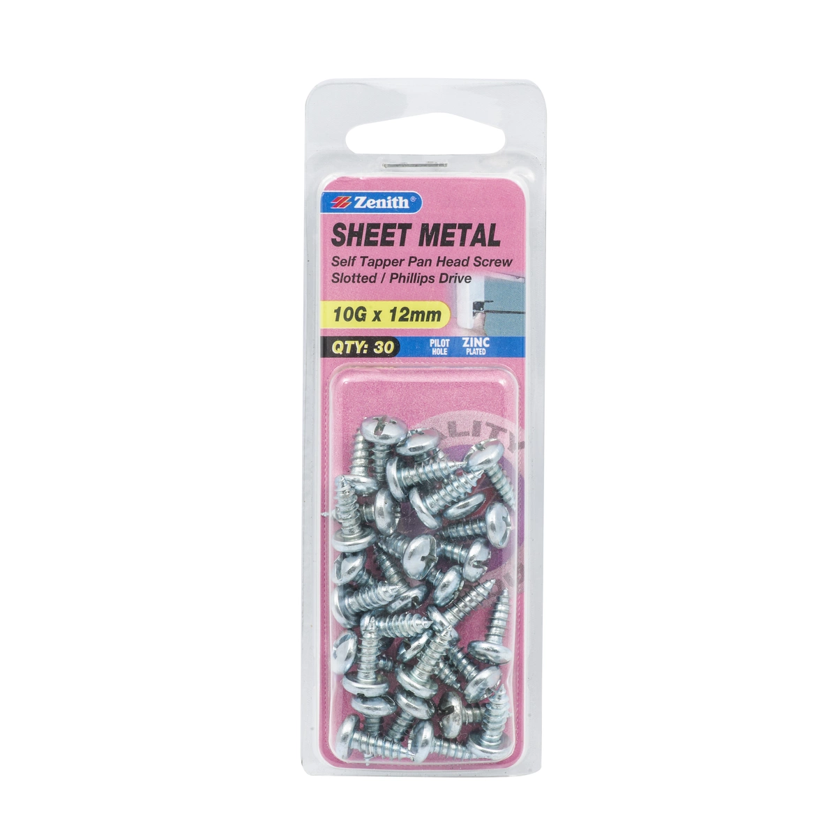 ZENITH® 10G x 12mm Zinc Plated Sheet Metal Screws – 30 Pack