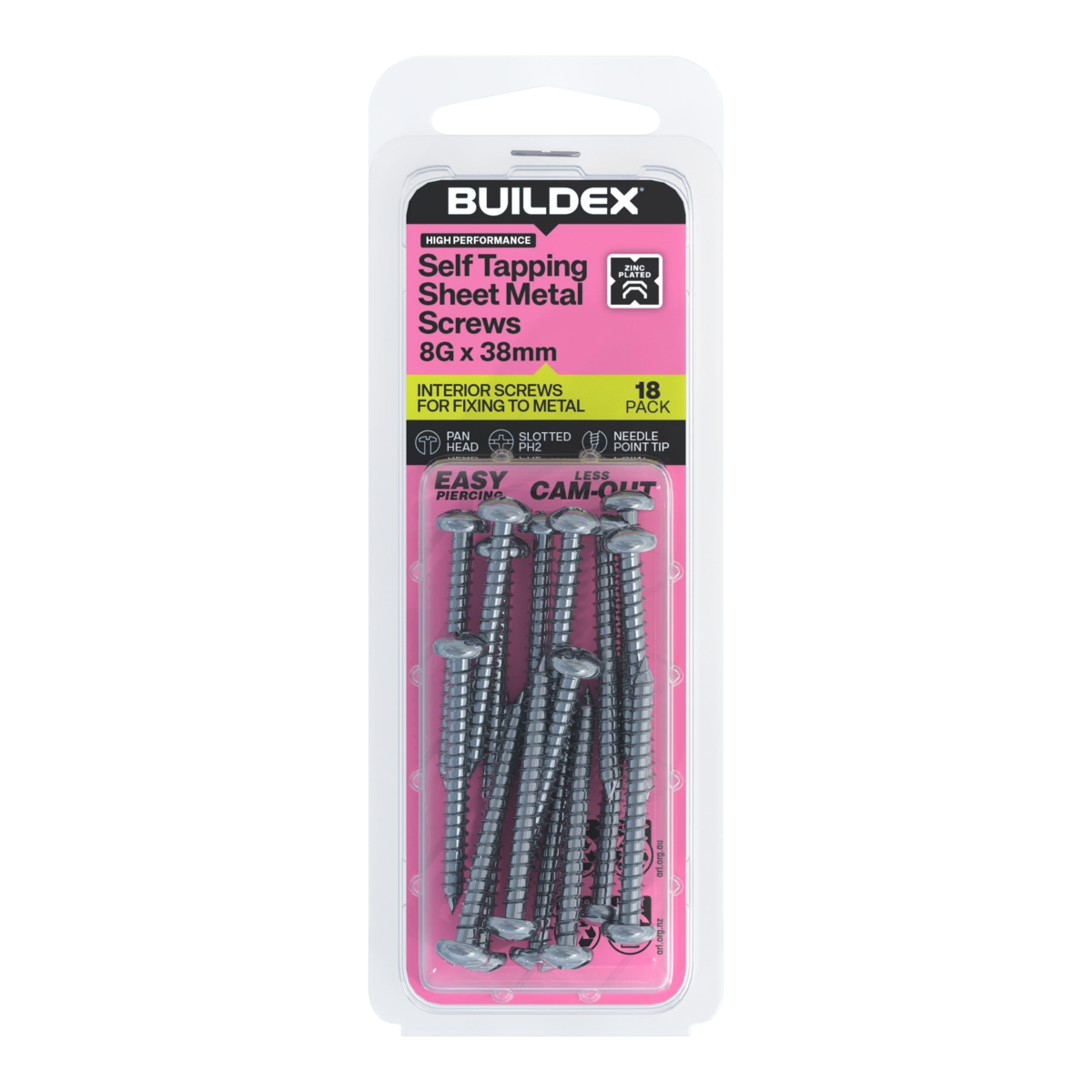Buildex® 8G x 38mm Zinc Plated Self Tapping Sheet Metal Screws – 18 Pack
