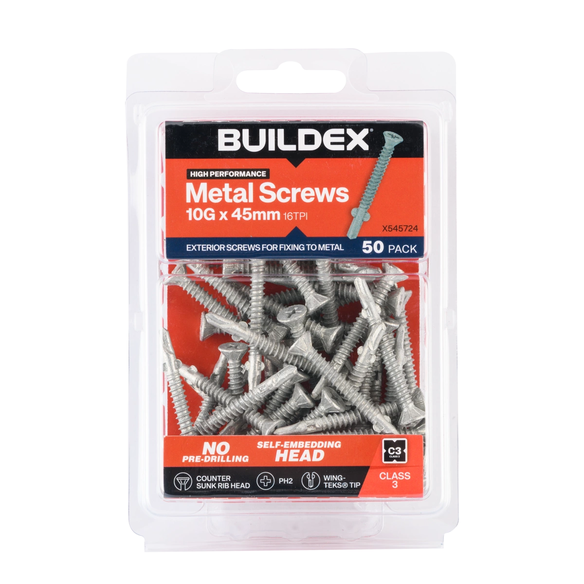 Buildex® 10G x 45mm Class 3 Sheet Metal Screws – 50 Pack