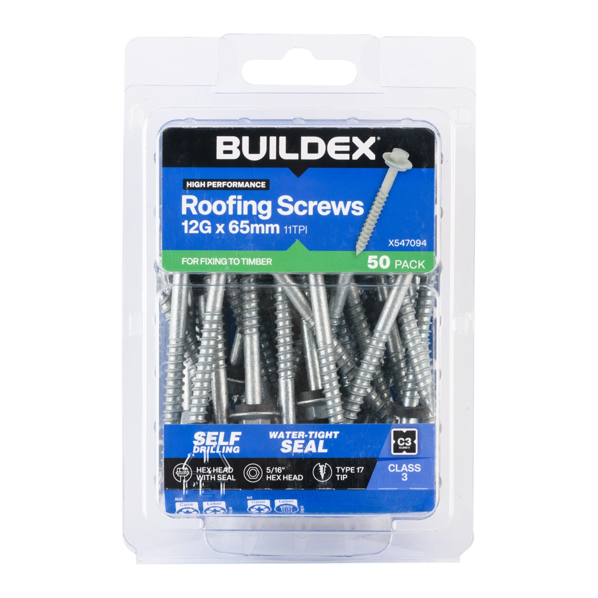Buildex® 12G x 65mm Class 3 Roofing Screws with Seal – 50 Pack
