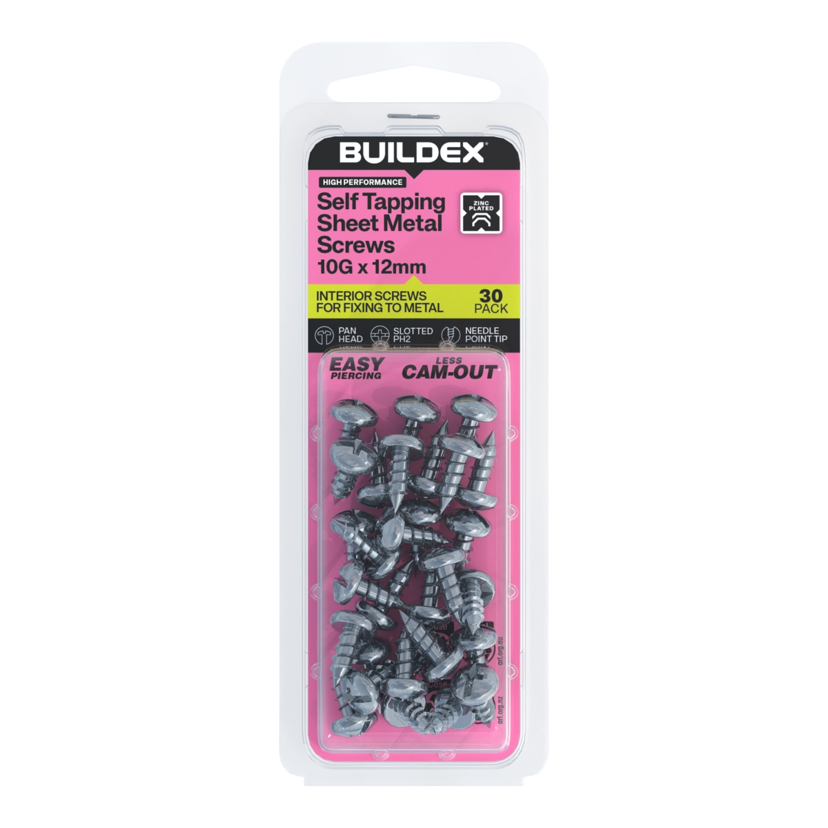 Buildex® 10G x 12mm Zinc Plated Self Tapping Sheet Metal Screws – 30 Pack
