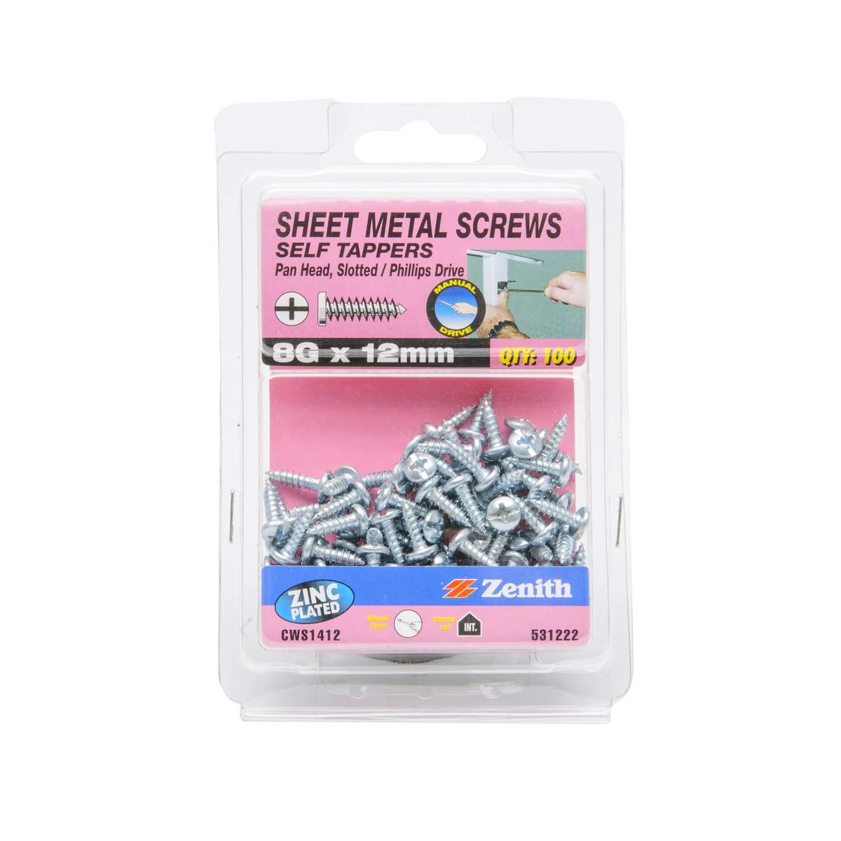 ZENITH® 8G x 12mm Zinc Plated Sheet Metal Screws – 100 Pack