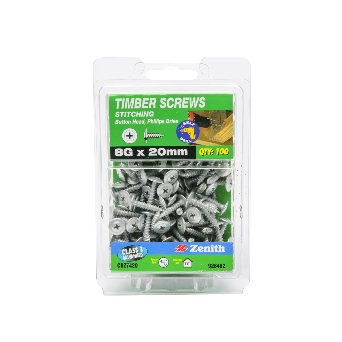 ZENITH® 8G x 20mm Class 3 Galvanised Stitching Screws – 100 Pack