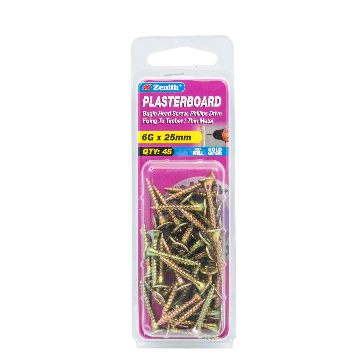 ZENITH® 6G x 25mm Gold Passivated Plasterboard Screws – 45 Pack