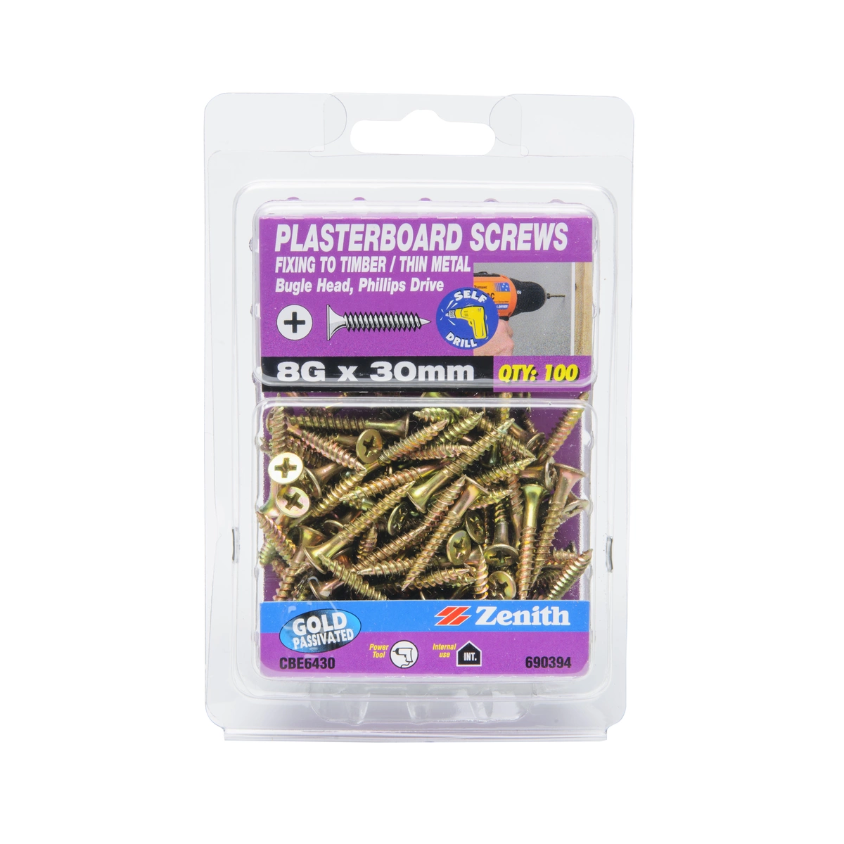 ZENITH® 8G x 30mm Gold Passivated Plasterboard Screws – 100 Pack
