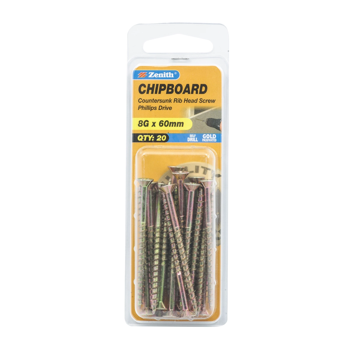 ZENITH® 8G x 60mm Gold Passivated Chipboard Screws – 20 Pack
