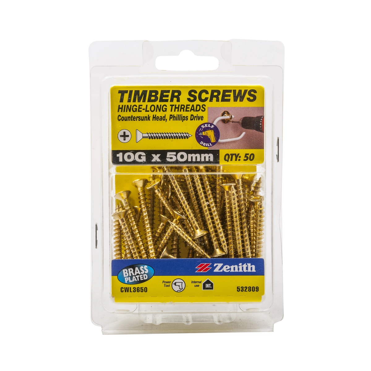 ZENITH® 10G x 50mm Brass Plated Timber Screws – 50 Pack