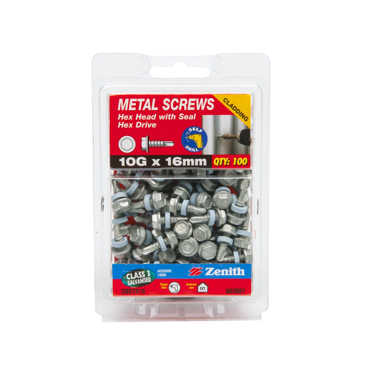 ZENITH® 10G x 16mm Class 3 Galvanised Cladding & Roofing Screws with Seal – 100 Pack
