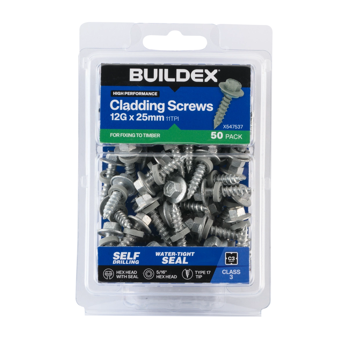 Buildex® 12G x 25mm Class 3 Cladding Screws with Seal – 50 Pack