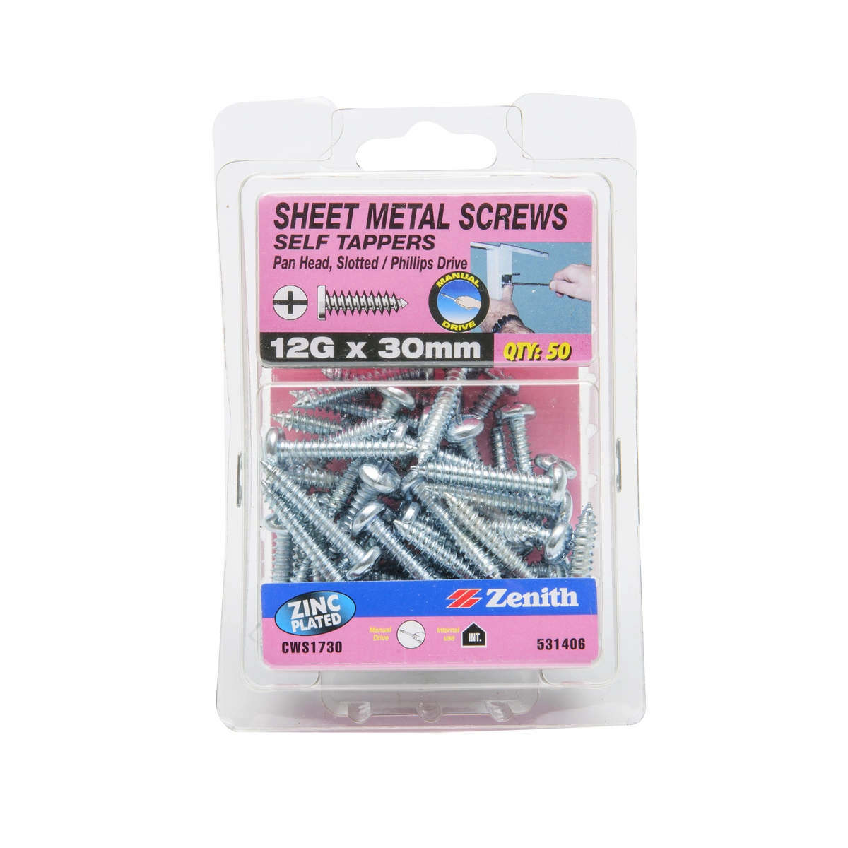 ZENITH® 12G x 30mm Zinc Plated Sheet Metal Screws – 50 Pack