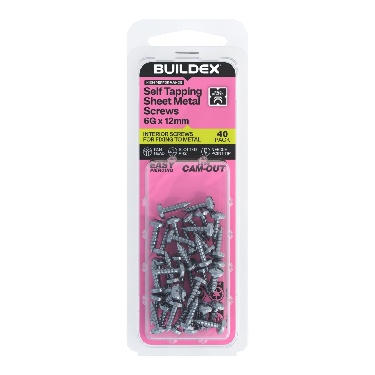 Buildex® 6G x 12mm Zinc Plated Self Tapping Sheet Metal Screws – 40 Pack
