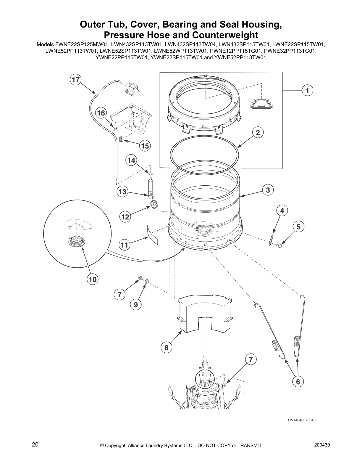 Outer Tub, Cover, Bearing and Seal Housing,
Pressure Hose and Counterweight
