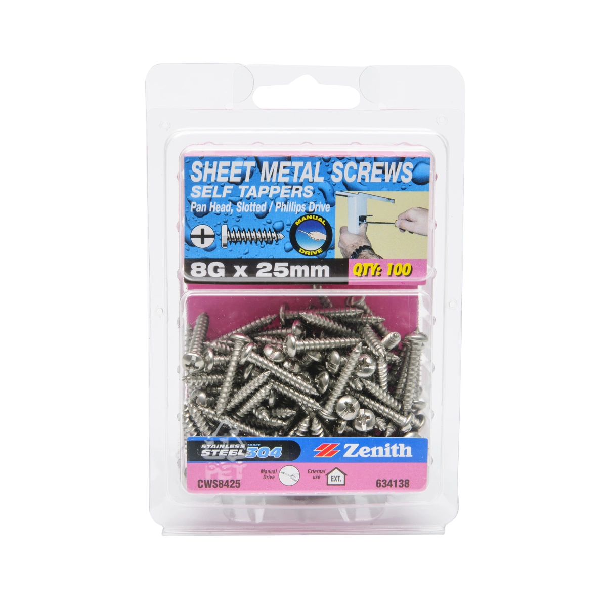ZENITH® 8G x 25mm 304 Stainless Steel Sheet Metal Screws – 100 Pack