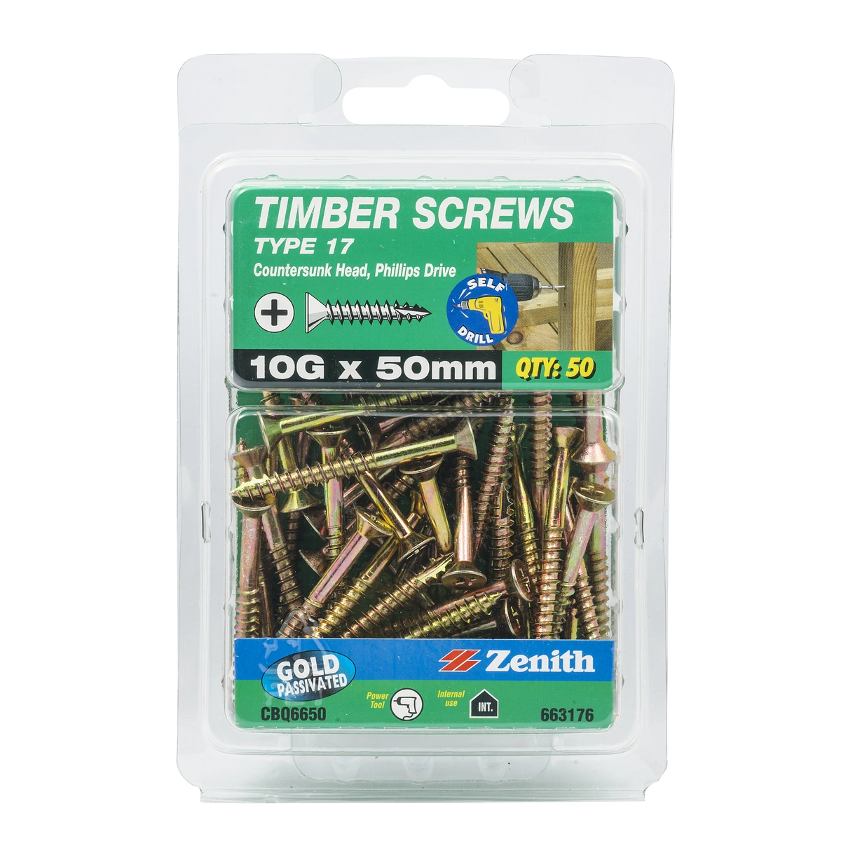 ZENITH® 10G x 50mm Gold Passivated Timber Screws – 50 Pack