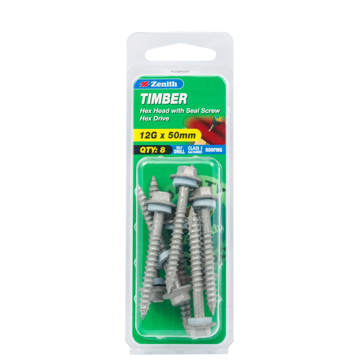 ZENITH® 12G x 50mm Class 3 Galvanised Cladding & Roofing Screws with Seal – 8 Pack