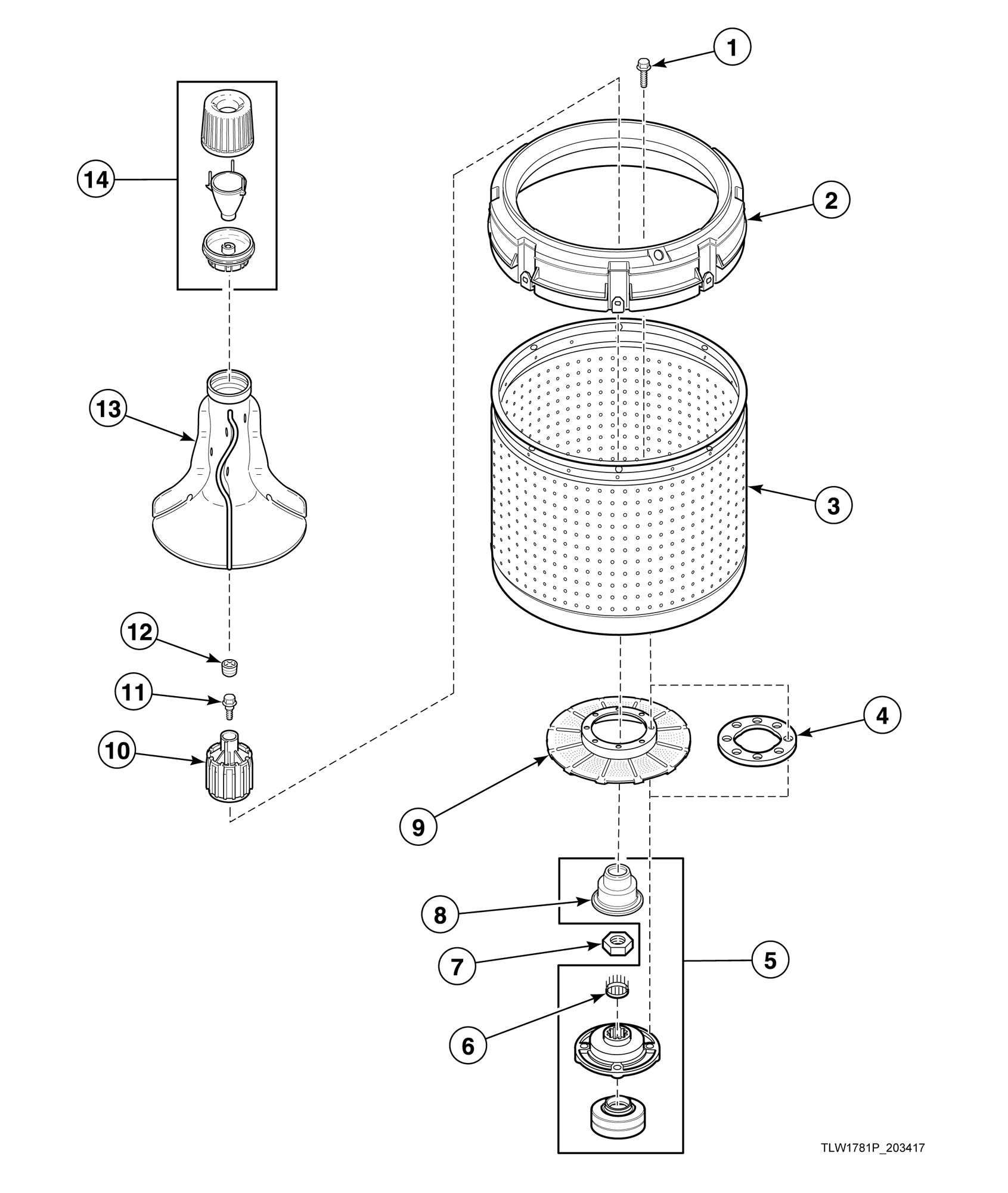 Agitator, Fabric Softener Dispenser, Drive Bell, Hub and Lip Seal Kit and Washtub