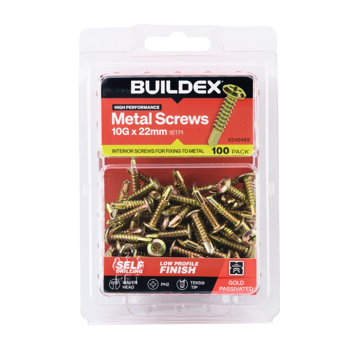 Buildex® 10G x 22mm Gold Passivated Sheet Metal Screws – 100 Pack