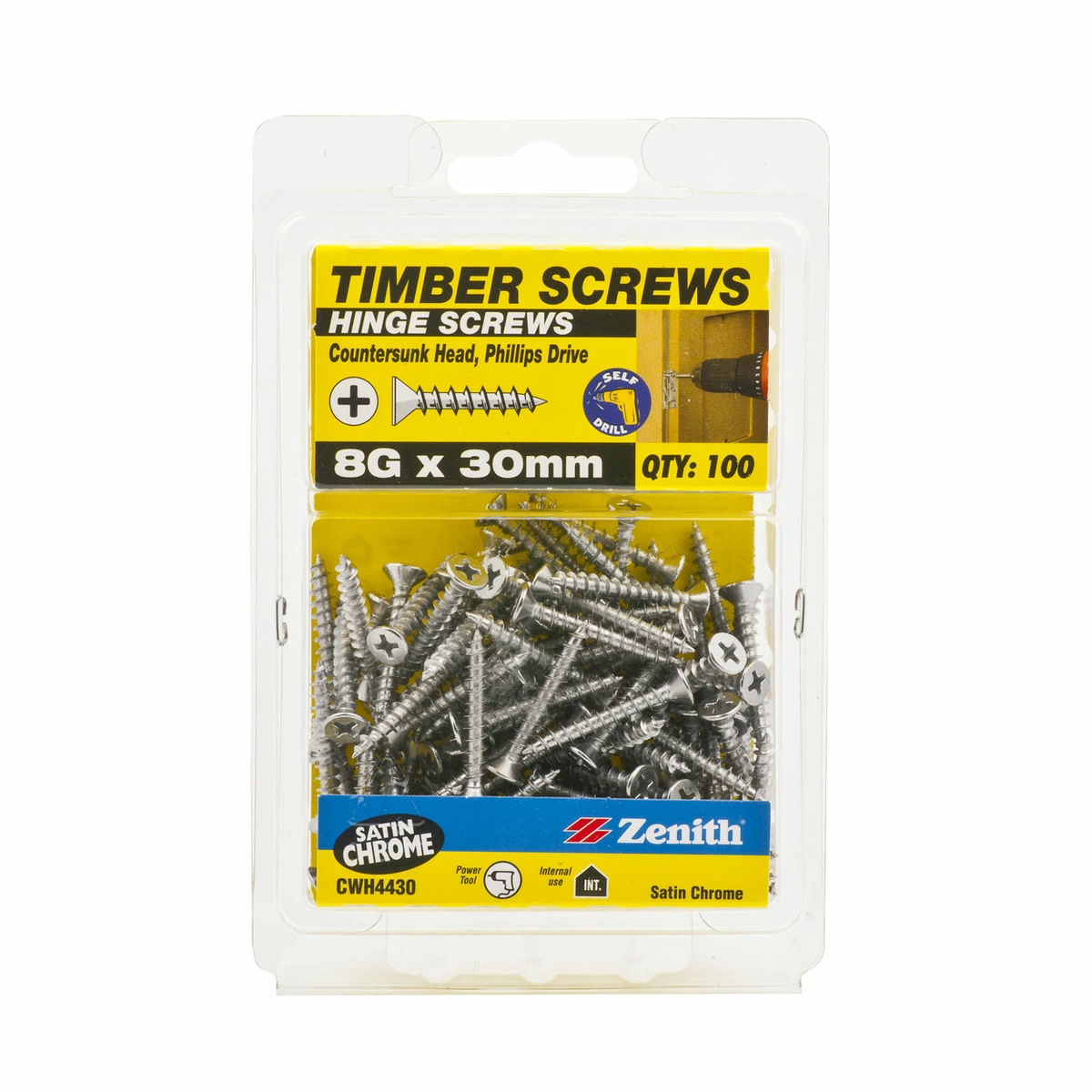 ZENITH® 8G x 30mm Satin Chrome Plated Hinge Screws – 100 Pack