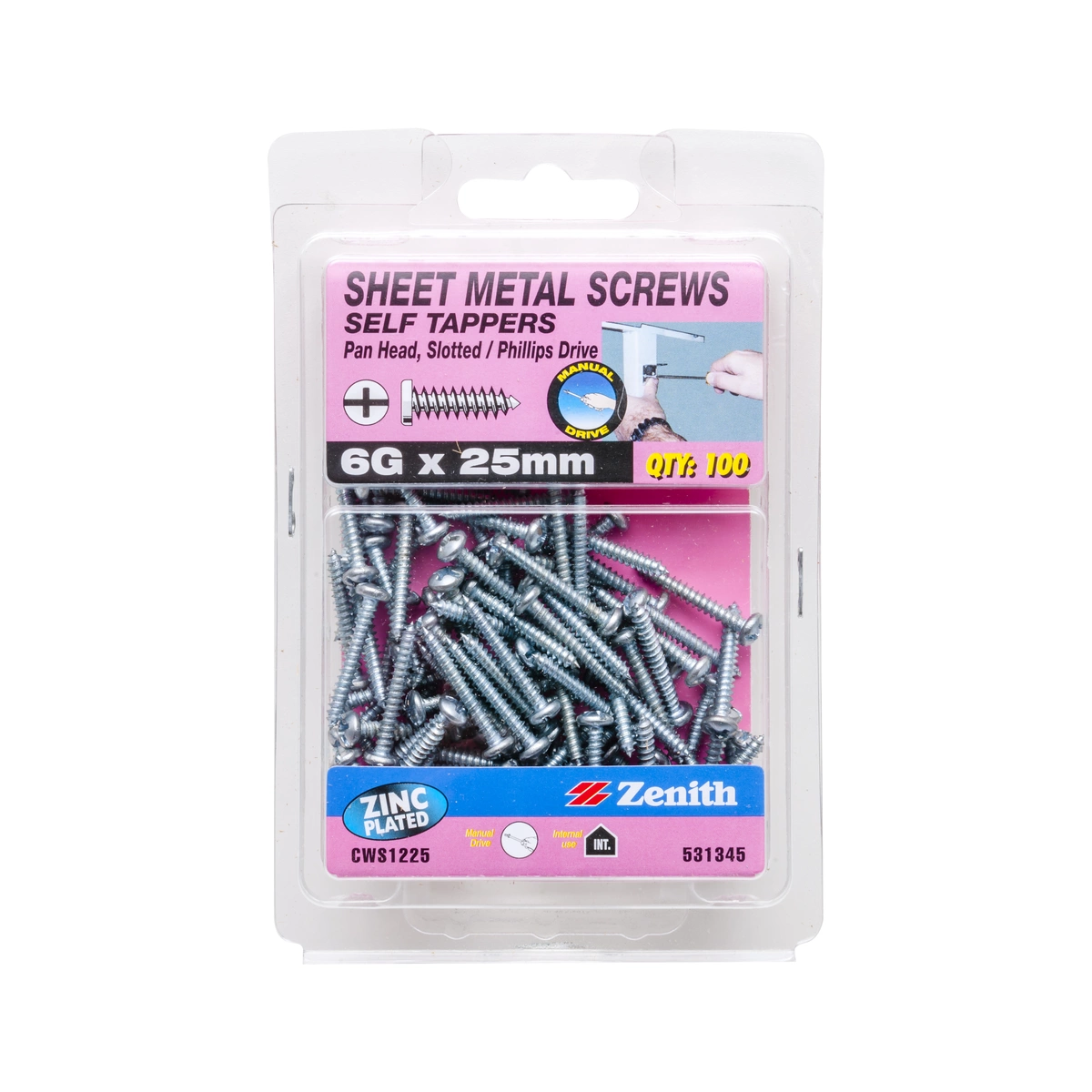 ZENITH® 6G x 25mm Zinc Plated Sheet Metal Screws – 100 Pack