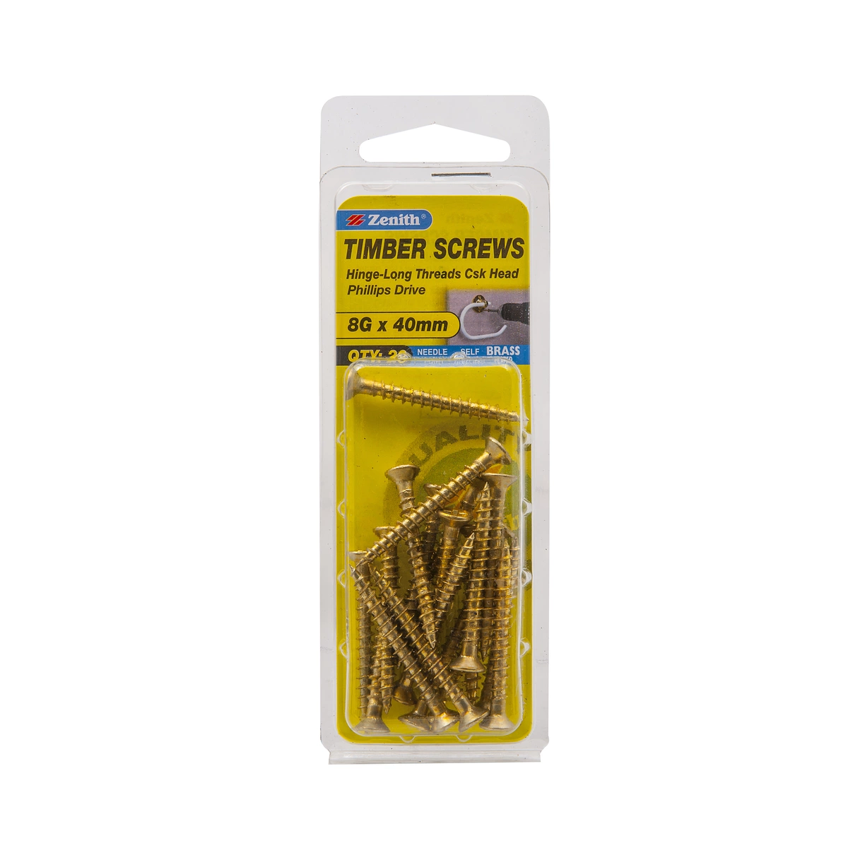ZENITH® 8G x 40mm Brass Plated Timber Screws – 20 Pack