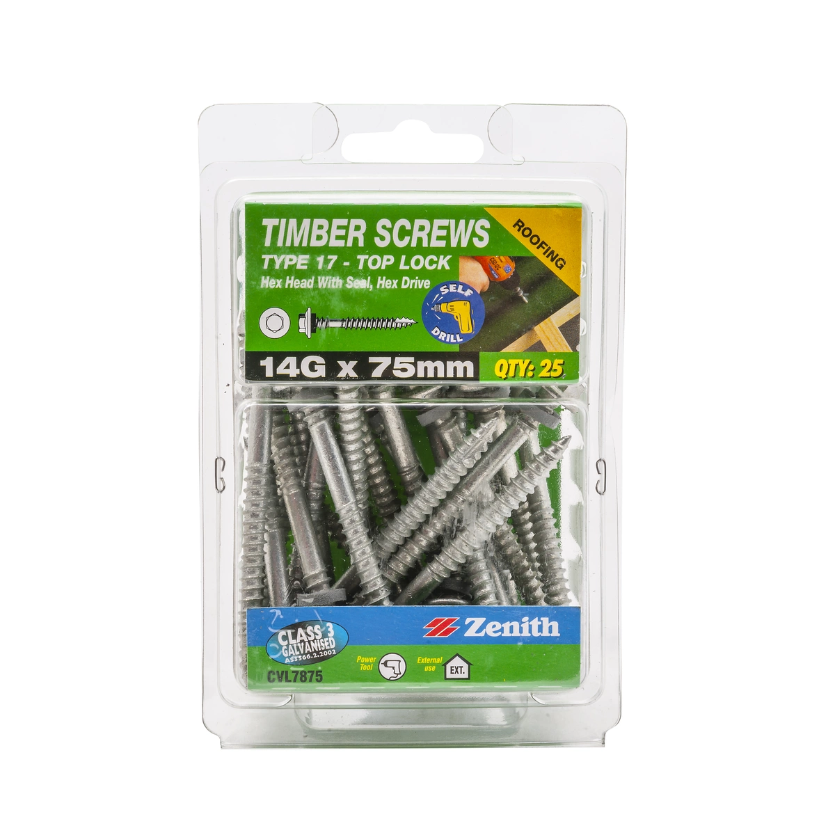 ZENITH® 14G x 75mm Class 3 Galvanised Cladding & Roofing Screws with Seal – 25 Pack