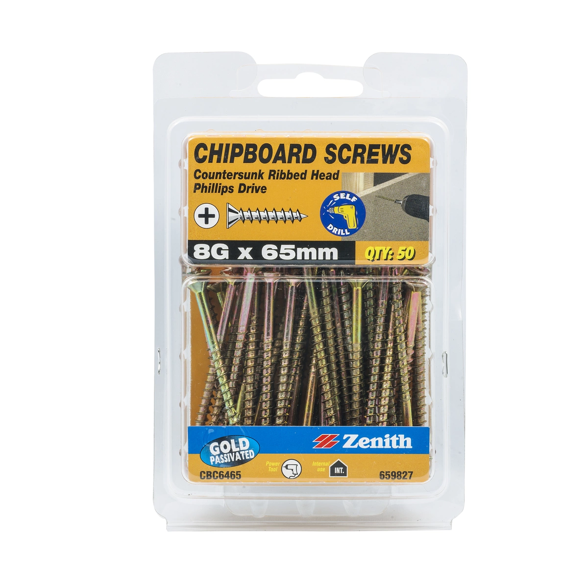 ZENITH® 8G x 65mm Gold Passivated Chipboard Screws (Phillips Drive) – 50 Pack
