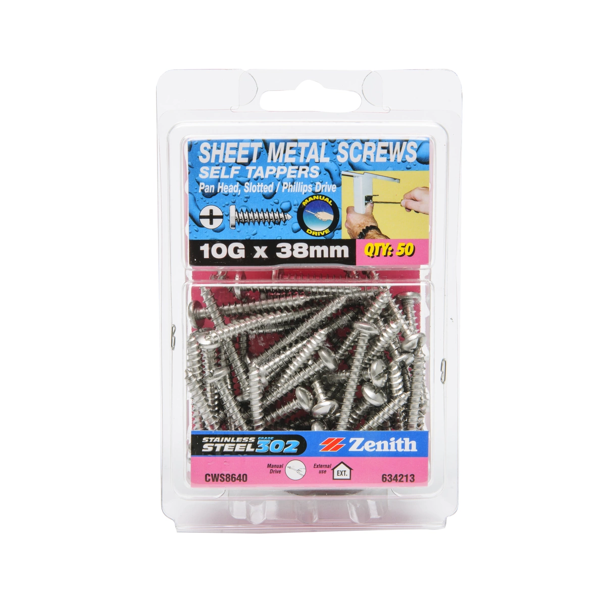 ZENITH® 10G x 38mm 304 Stainless Steel Sheet Metal Screws – 50 Pack