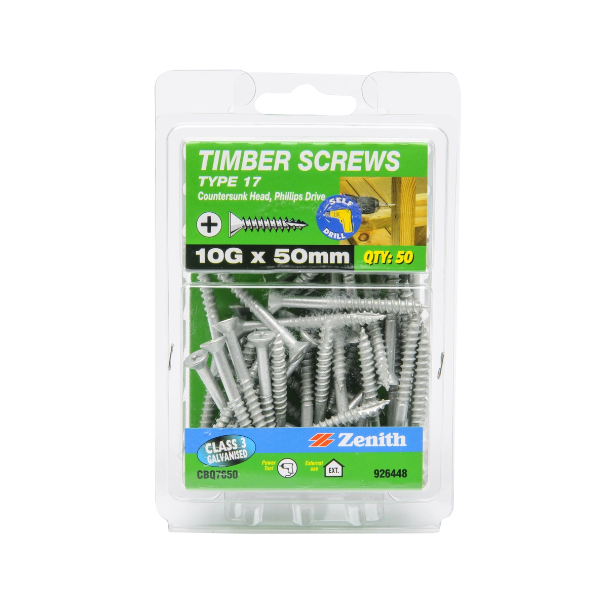 ZENITH® 10G x 50mm Class 3 Galvanised Timber Screws – 50 Pack