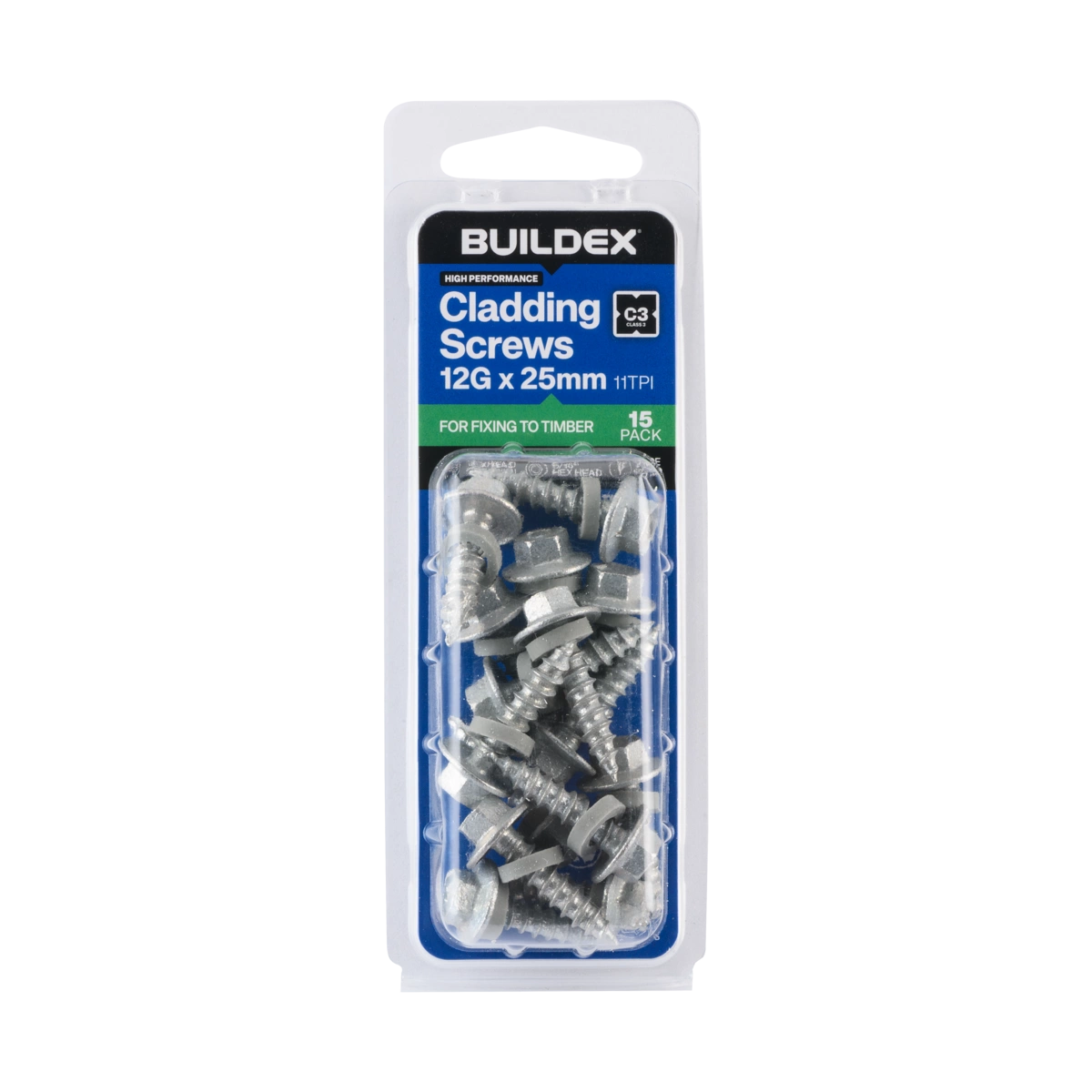Buildex® 12G x 25mm Class 3 Cladding Screws with Seal – 15 Pack