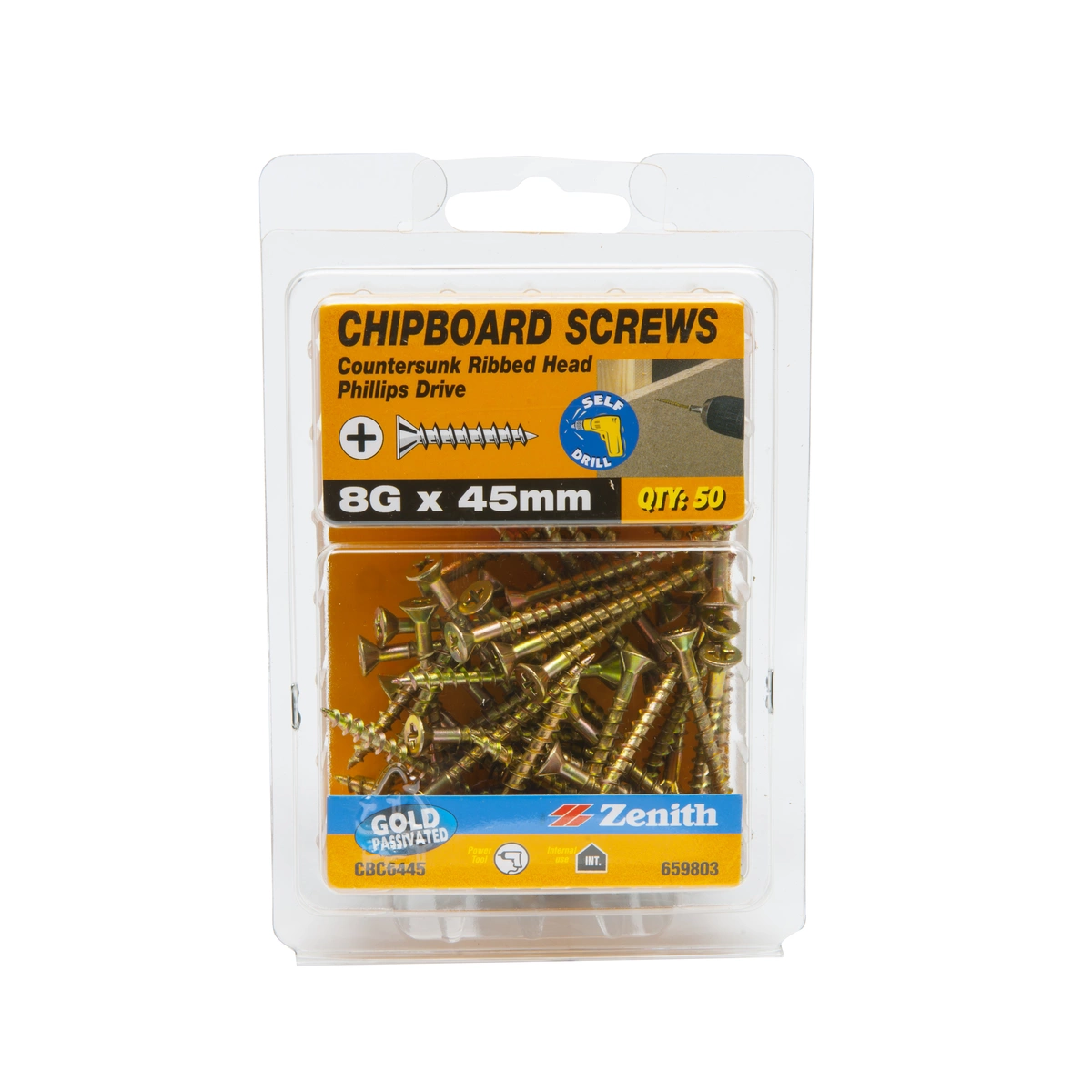 ZENITH® 8G x 45mm Gold Passivated Chipboard Screws (Phillips Drive) – 50 Pack