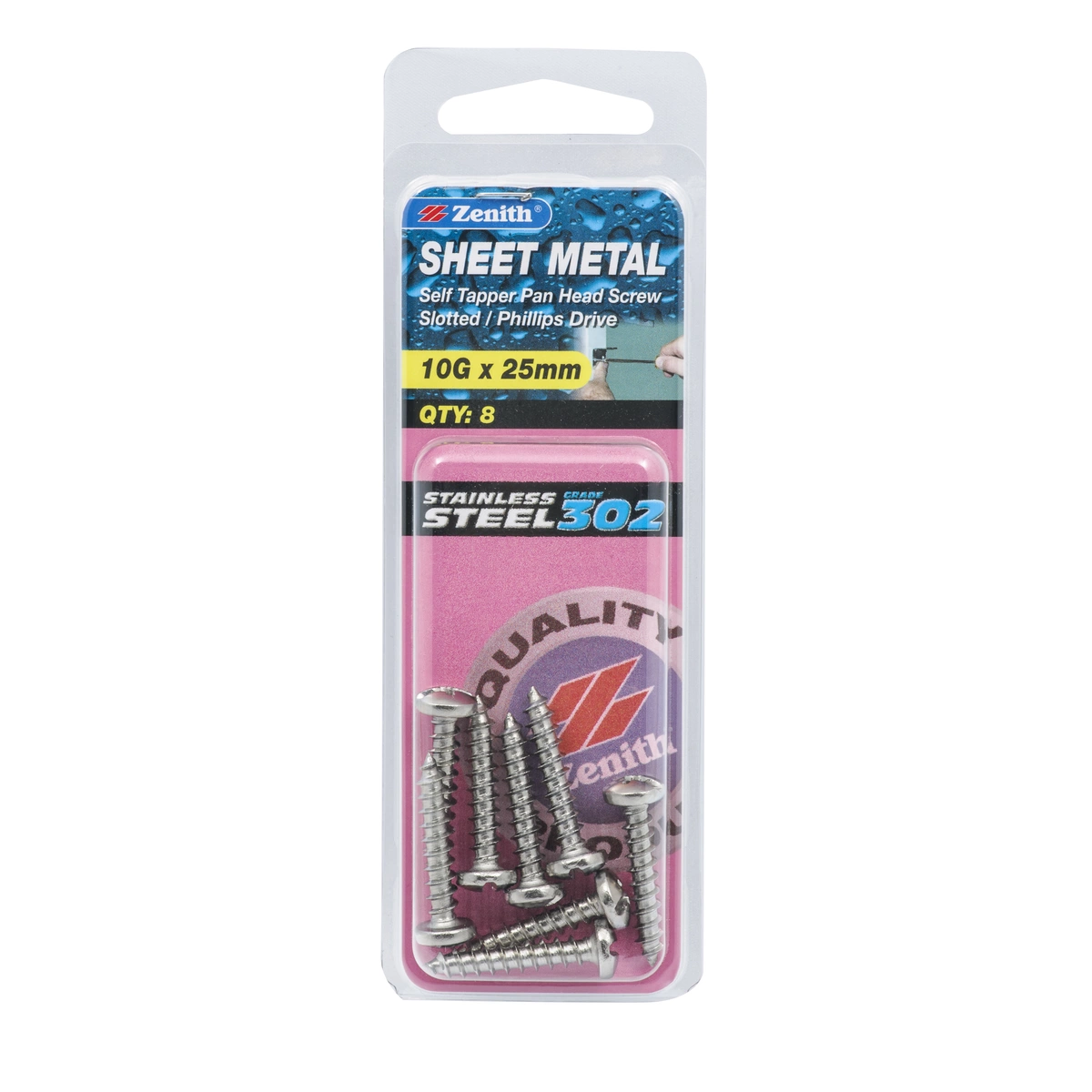 ZENITH® 10G x 25mm 304 Stainless Steel Sheet Metal Screws – 8 Pack