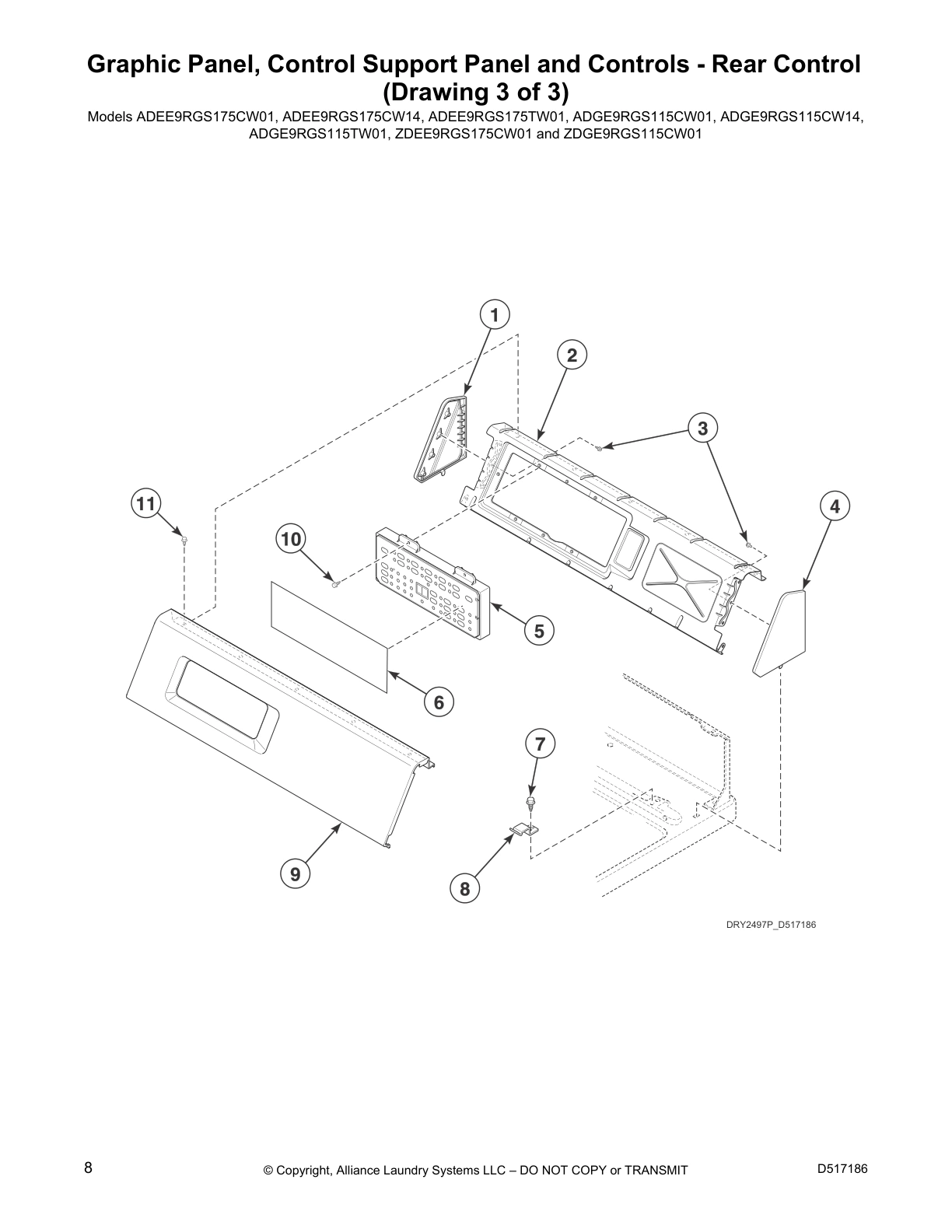 Graphic Panel, Control Support Panel and Controls - Rear Control 
(Drawing 3 of 3)