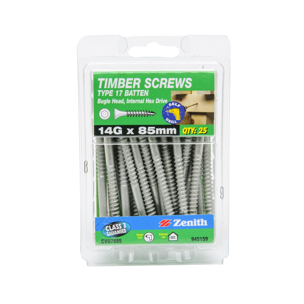ZENITH® 14G x 85mm Class 3 Galvanised Bugle Batten Screws – 25 Pack