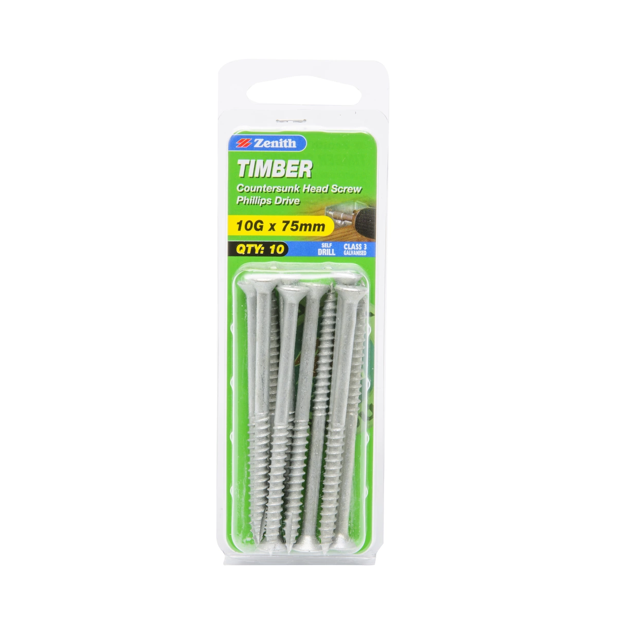 ZENITH® 10G x 75mm Class 3 Galvanised Timber Screws – 10 Pack