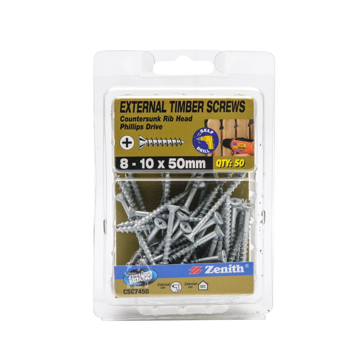 ZENITH® 8G x 50mm Galvanised Timber Screws (Phillips Drive) – 50 Pack