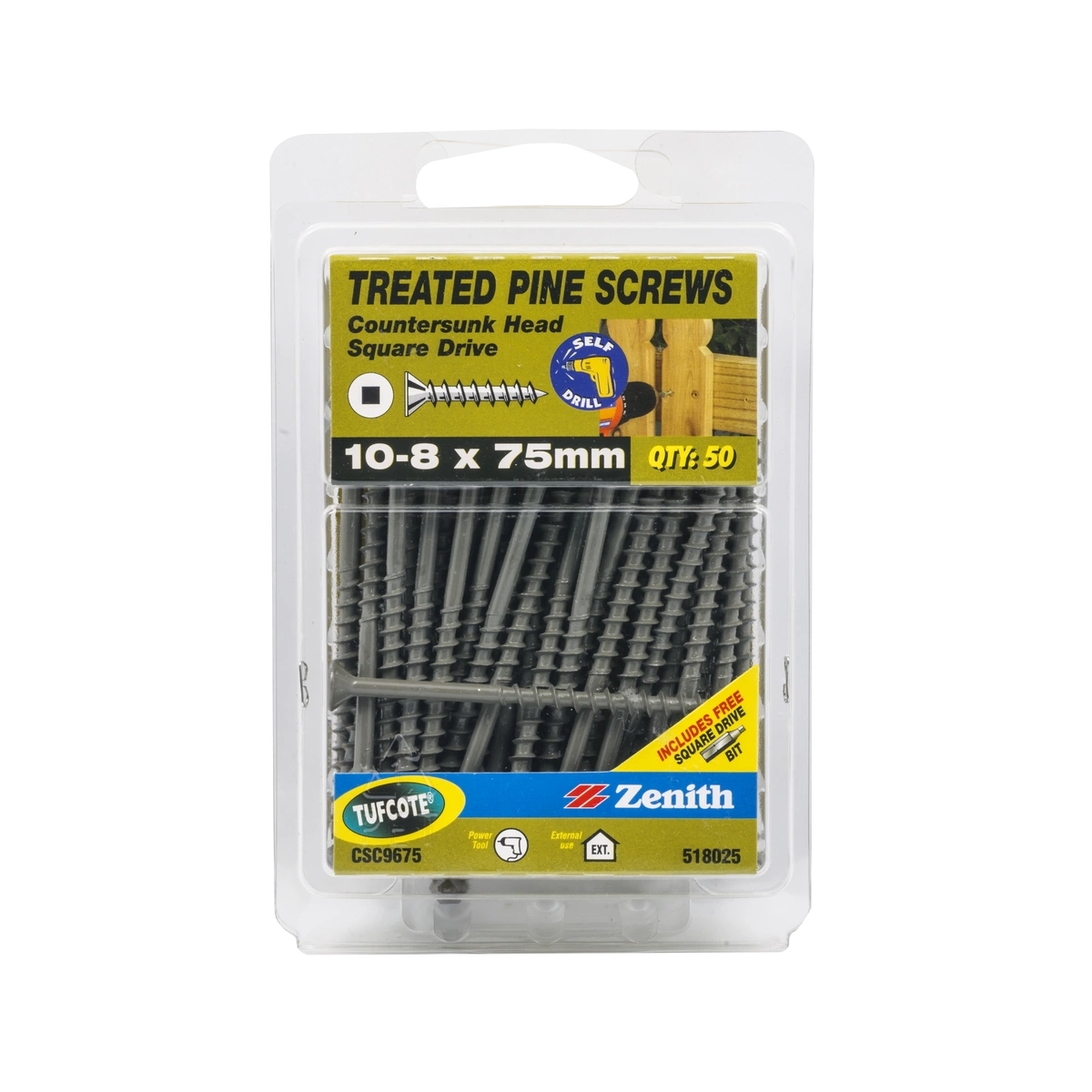 ZENITH® 10G x 75mm TUFCOTE® Treated Pine Screws (Square Drive) – 50 Pack