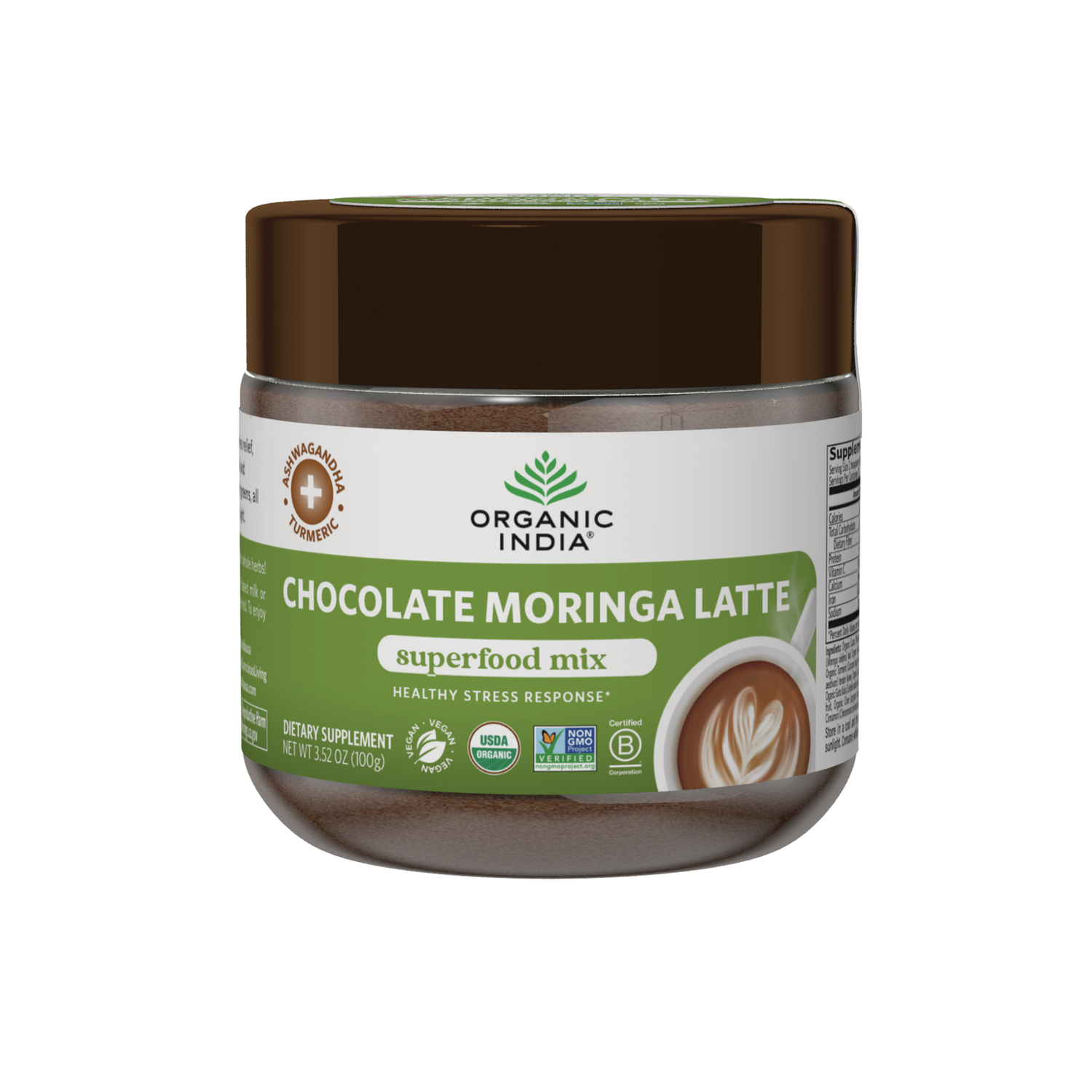 Organic India Chocolate Moringa Latte Superfood Mix | 3.52 oz Powder